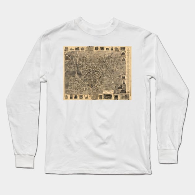 Vintage Pictorial Map of Waterbury CT (1899) Long Sleeve T-Shirt by Bravuramedia